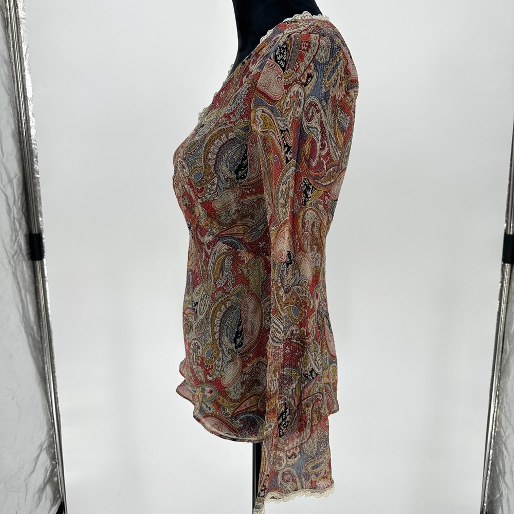 Red Paisley Boho 100% Silk Lace Flare Long Sleeve Sheer Top Whimsy Bohemian M - Picture 4 of 7